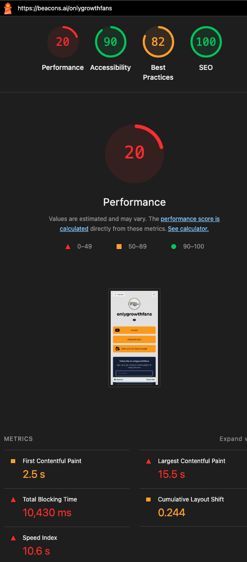 Lighthouse performance results for Beacons, a mobile bio link page builder