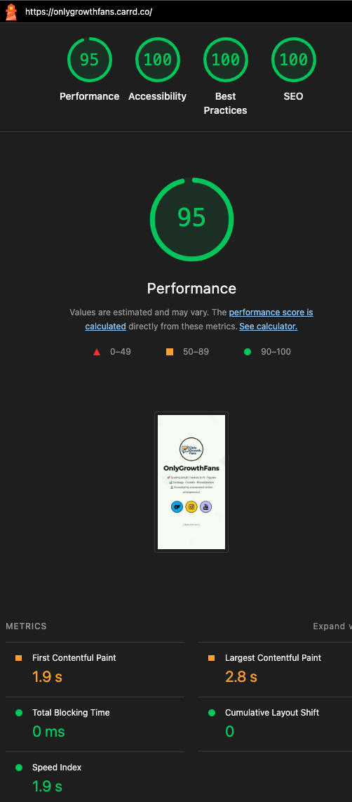 Carrd bio page performance tested with Lighthouse on mobile devices