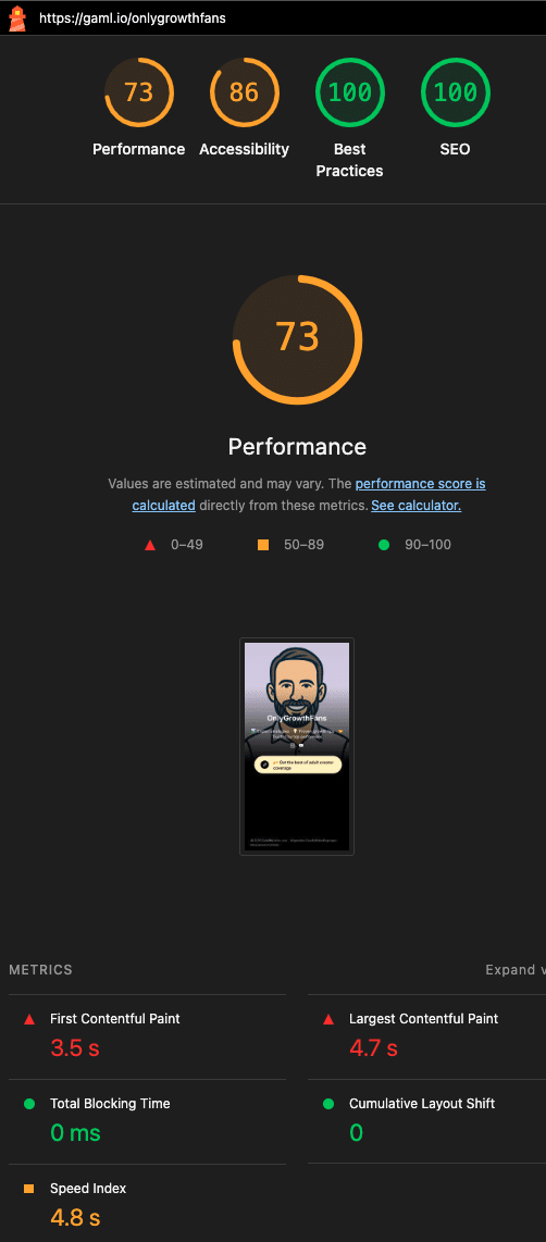Performance and loading speed analysis of GetAllMyLinks using Lighthouse Core Web Vitals