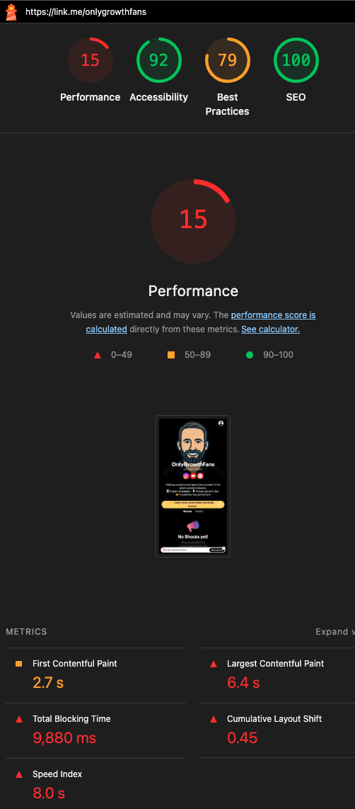 Lighthouse mobile speed test results for LinkMe bio link tool