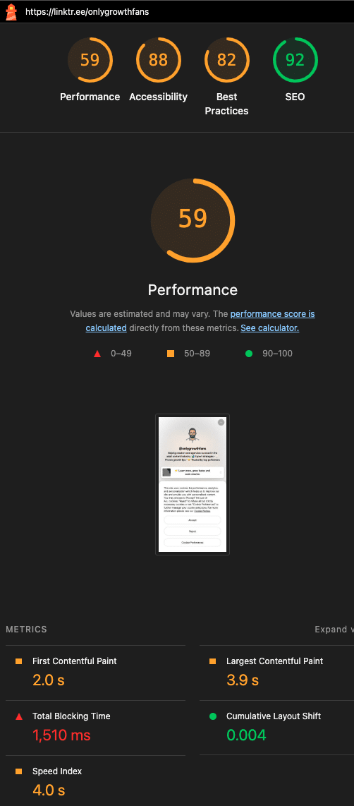 Performance and speed of Linktree, a bio link tool using Lighthouse Core Web Vitals