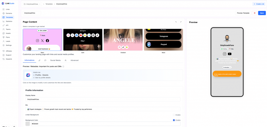 Linkscale.to offers an intuitive dashboard to configure your link-in-bio