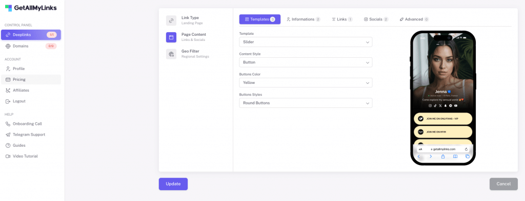 Getallmylinks dashboard